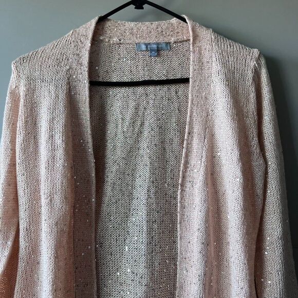NY Collection Cardigan Women XS Open Weave Pink Sequins 3/4 Sleeve Barbie Core - Picture 2 of 13